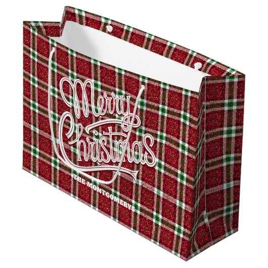 Sparkly Christmas Plaid  Große Geschenktüte (Vorderseite Schrägansicht)