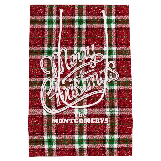 Sparkly Christmas Plaid Mittlere Geschenktüte (Rückseite)