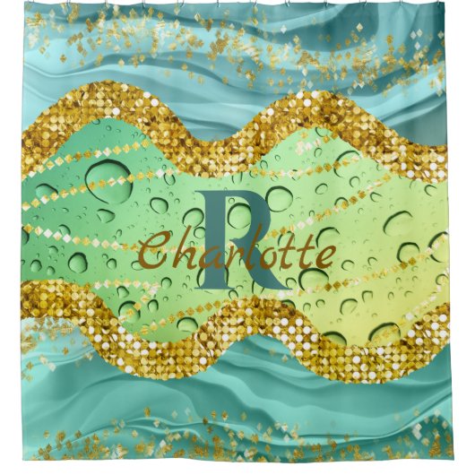 Sparkly Emerald Green Monogram | Luminous Gradient Duschvorhang (Vorderseite)