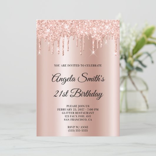 Sparkly Glittery Drips Rose Gold Ombre Einladung (Stehend Vorderseite)