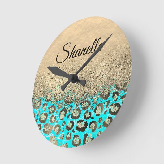Sparkly Glittery Turquoise Leopard   Runde Wanduhr (Winkel)