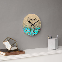 Sparkly Glittery Turquoise Leopard Runde Wanduhr
