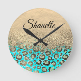 Sparkly Glittery Turquoise Leopard   Runde Wanduhr
