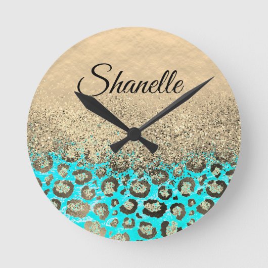Sparkly Glittery Turquoise Leopard   Runde Wanduhr (Vorderseite)