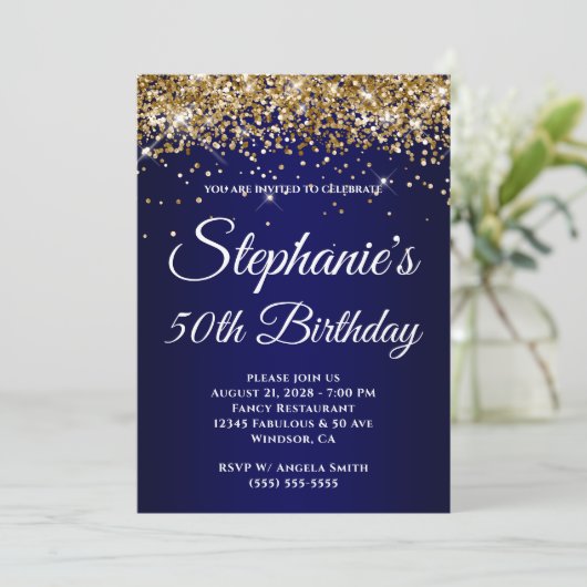 Sparkly Gold Glitter Navy Gradient 50th Birthday Einladung (Stehend Vorderseite)