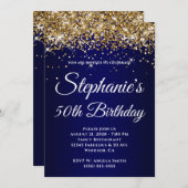 Sparkly Gold Glitter Navy Gradient 50th Birthday Einladung (Vorne/Hinten)