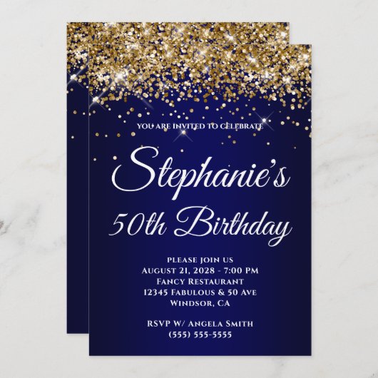 Sparkly Gold Glitter Navy Gradient 50th Birthday Einladung (Vorne/Hinten)