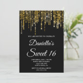 Sparkly Gold String Lights Black Sweet 16 Einladung (Stehend Vorderseite)