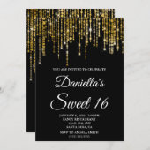 Sparkly Gold String Lights Black Sweet 16 Einladung (Vorne/Hinten)