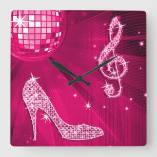Sparkly Hot Pink Music Note & Stiletto Heel Quadratische Wanduhr