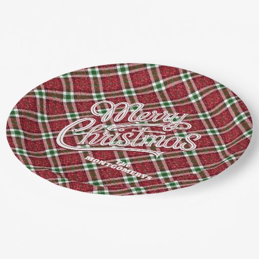 Sparkly Merry Christmas Plaid Pappteller (Schrägansicht)