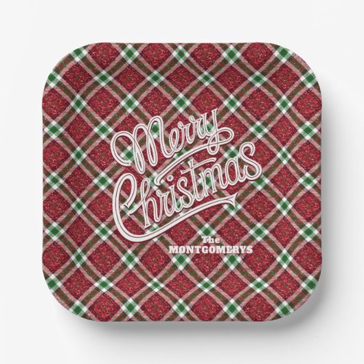 Sparkly Merry Christmas Plaid Square Pappteller (Vorderseite)