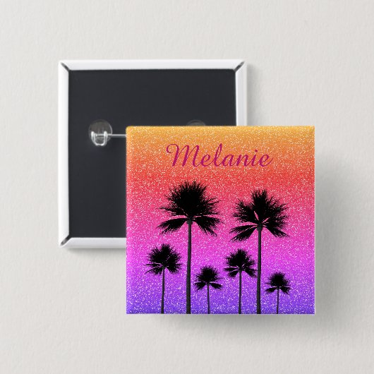 Sparkly Palm Trees Gradient Sunset Personalised Button (Vorne & Hinten)