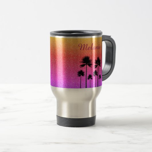 Sparkly Palm Trees Gradient Sunset Personalised Reisebecher (VorderseiteRechts)