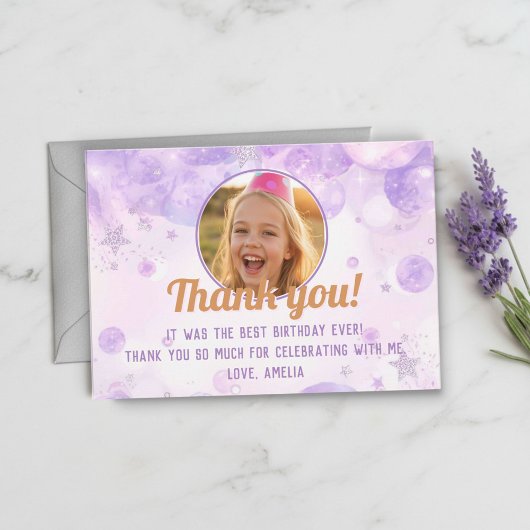 Sparkly Purple Photo Girls Birthday Party Dankeskarte