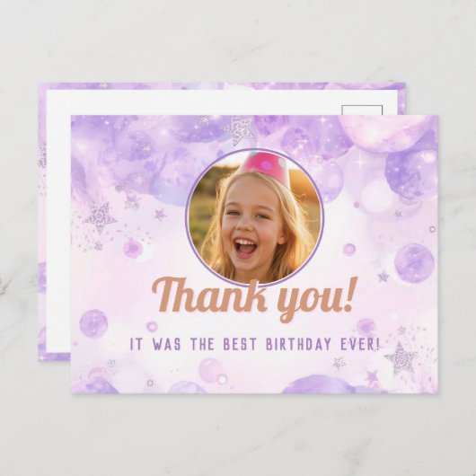 Sparkly Purple Photo Girls Birthday Party Postkarte (Vorne/Hinten)
