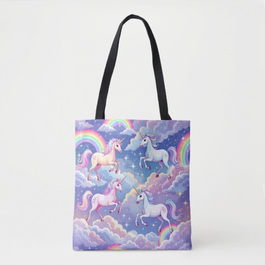 Sparkly rainbow and unicorns on clouds tasche (Vorderseite)