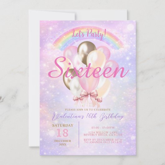 Sparkly Rainbow Glitter Balloon 16th Birthday Einladung (Vorderseite)