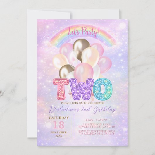 Sparkly Rainbow Glitter Balloon 2nd Birthday Einladung (Vorderseite)