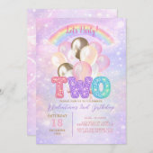 Sparkly Rainbow Glitter Balloon 2nd Birthday Einladung (Vorne/Hinten)