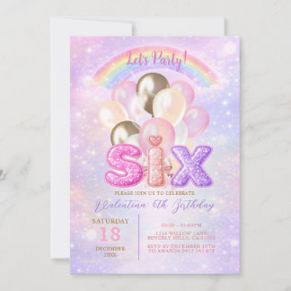 Sparkly Rainbow Glitter Six Balloon Birthday Einladung
