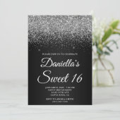 Sparkly Silver Glitter Black Gradient Sweet 16 Einladung (Stehend Vorderseite)