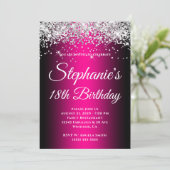 Sparkly Silver Glitter Black Magenta 18th Birthday Einladung (Stehend Vorderseite)