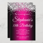 Sparkly Silver Glitter Black Magenta 18th Birthday Einladung (Vorne/Hinten)
