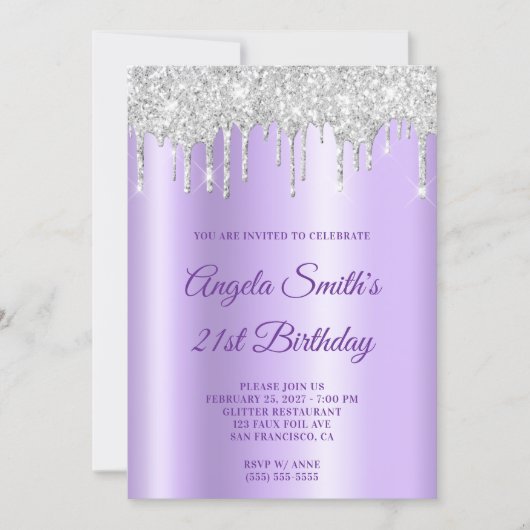 Sparkly Silver Glitter Drips Lavender Ombre Einladung (Vorderseite)