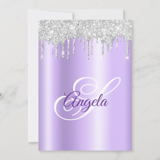 Sparkly Silver Glitter Drips Lavender Ombre Einladung (Rückseite)