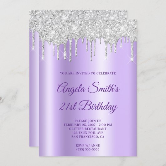 Sparkly Silver Glitter Drips Lavender Ombre Einladung (Vorne/Hinten)