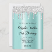 Sparkly Silver Glitter Drips Light Teal Ombre Einladung (Vorderseite)