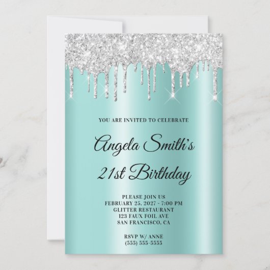 Sparkly Silver Glitter Drips Light Teal Ombre Einladung (Vorderseite)