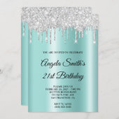 Sparkly Silver Glitter Drips Light Teal Ombre Einladung (Vorne/Hinten)