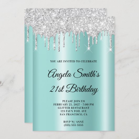 Sparkly Silver Glitter Drips Light Teal Ombre Einladung (Vorne/Hinten)