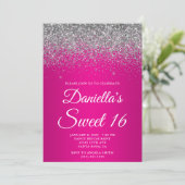 Sparkly Silver Glitter Hot Pink Gradient Sweet 16 Einladung (Stehend Vorderseite)