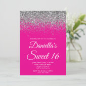 Sparkly Silver Glitter Hot Pink Sweet 16 Einladung (Stehend Vorderseite)