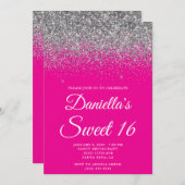 Sparkly Silver Glitter Hot Pink Sweet 16 Einladung (Vorne/Hinten)