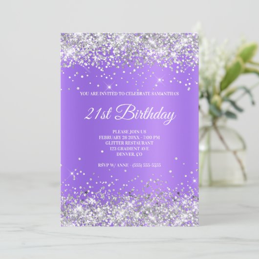 Sparkly Silver Glitter Lavender Purple Shimmer Einladung (Stehend Vorderseite)
