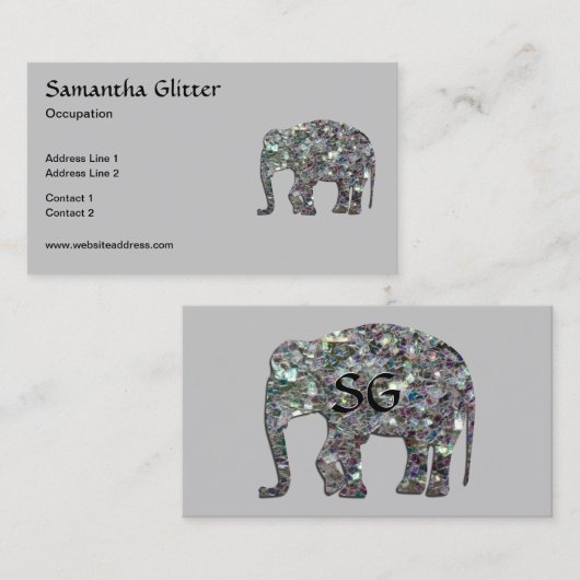 Sparkly silver mosaic Elephant Monogram on gray Visitenkarte (Vorne/Hinten)