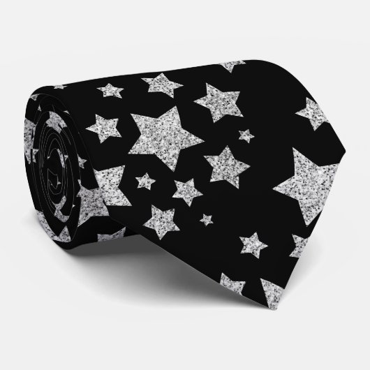 Sparkly Silver Stars Christmas pattern black Krawatte (Gerollt)