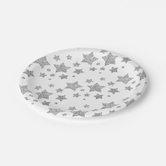 Sparkly Silver Stars Christmas pattern white Pappteller (Schrägansicht)