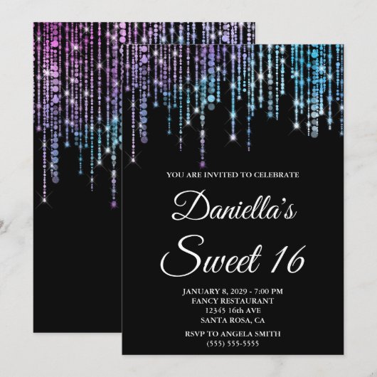 Sparkly Unicorn String Lights Black Sweet 16 Einladung (Vorne/Hinten)