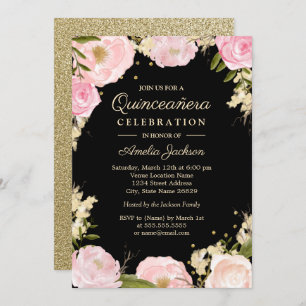 Sparkor Floral Gold Pink Black Quinceanera Einladung