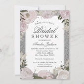 Sparkor Rosa Silver Floral Brautparty Einladung (Vorderseite)