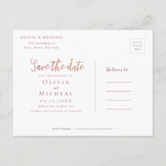 Sparkor Rose Gold Glitzer Save the Date blühend Ankündigungspostkarte (Rückseite)