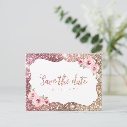 Sparkor Rose Gold Glitzer Save the Date blühend Ankündigungspostkarte (Stehend Vorderseite)