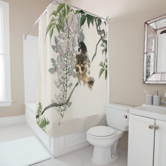 Sparrow auf einer Zweigniederlassung von Kōno Bair Duschvorhang (Beispiel)