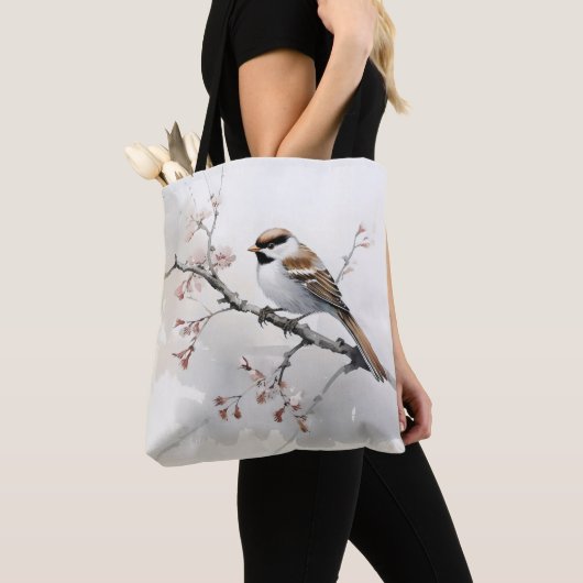 Sparrow auf Frühjahrszweig Tasche (Von Nahem)