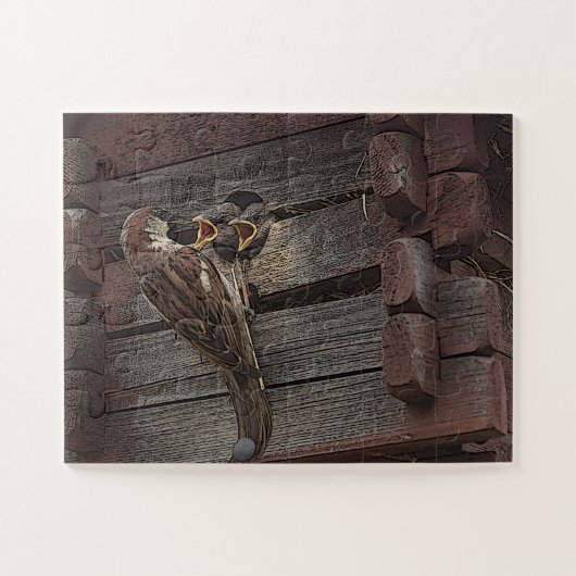 Sparrow-Familie Fütternd Baby Birds Puzzle (Horizontal)